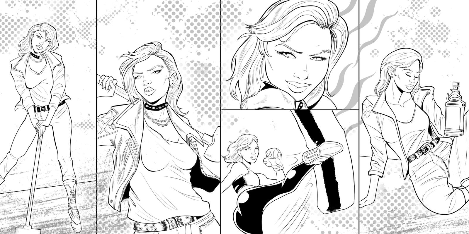 A montage for the Knightspire character Grace. She is shown with a sledgehammer, kickboxing, and drinking the whiskey Cajun 6.